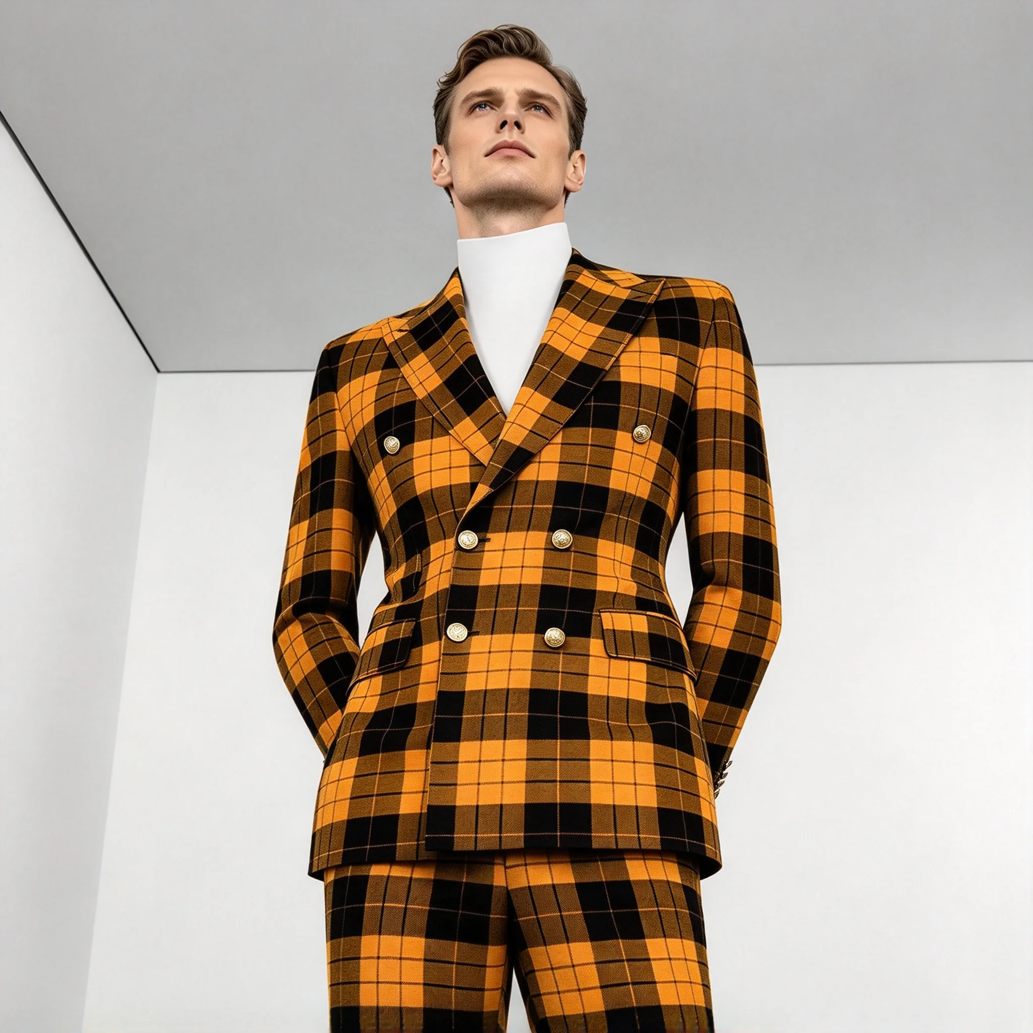Bridegroom Tuxedo Suit Set For Man Plaid Check Double Breasted Jacket Pants 2 Pieces Smart Casuel Daily Party Outfit Customized