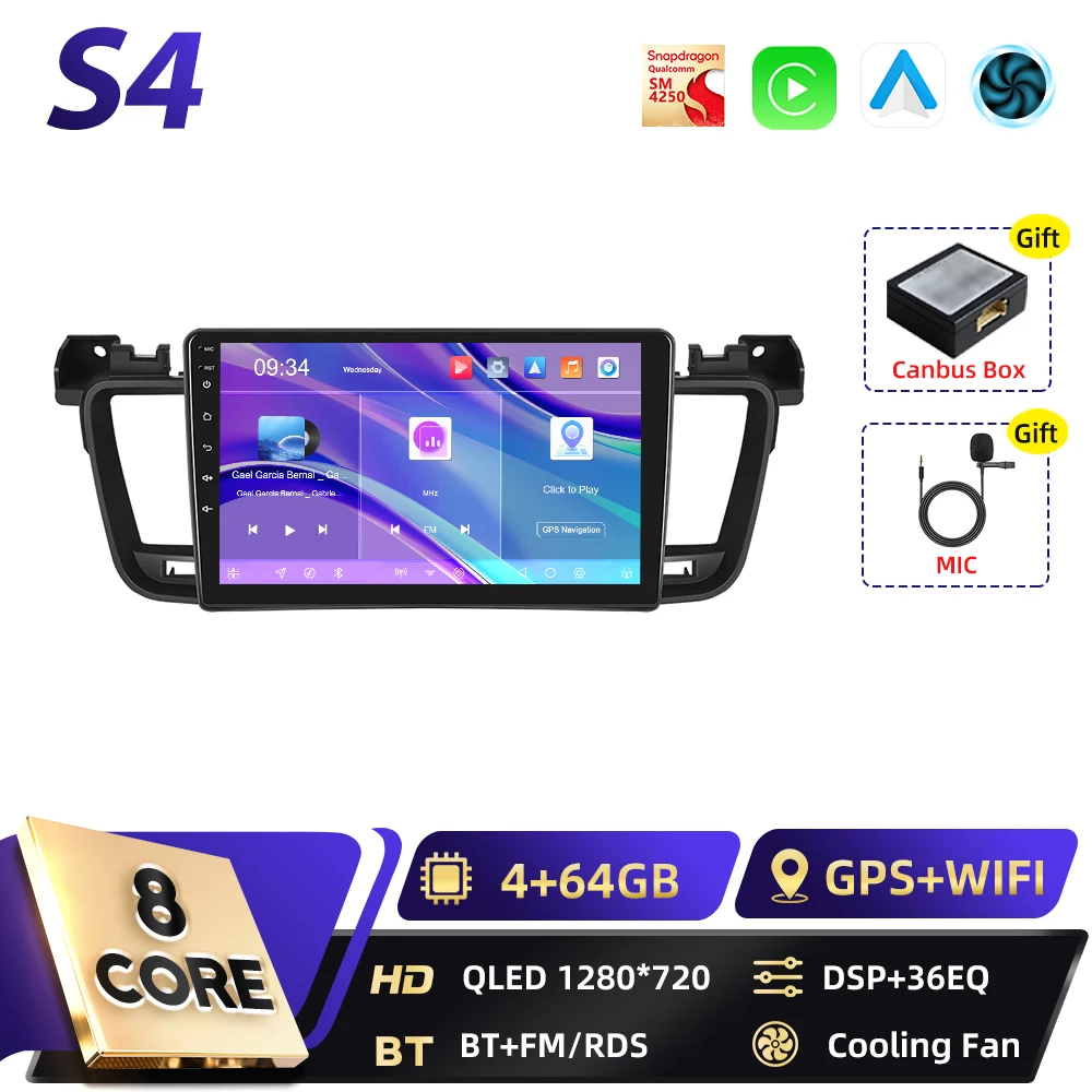Podofo Qualcomm 8-core 2-DIN Android autoradio voor Peugeot 508 2012-2016 met BT, Carplay, FM, Android Auto, WIFI, GPS, RDS en DSP