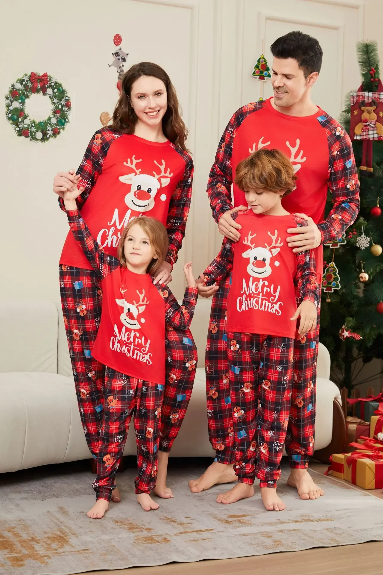 Merry Christmas Print Family Matching Outfits Cartoon Elk Print Pajamas Women Men Boys Girls 2 Pieces Suit Loungewear Xmas Look