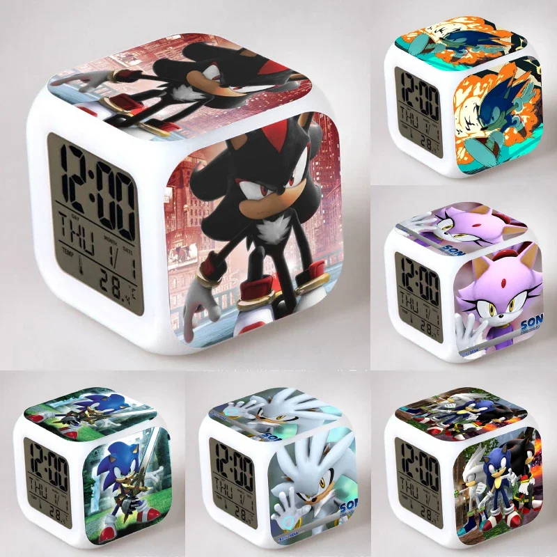 Sonic Anime Figure Shadow Blaze Plastic Colorful LED Alarm Clock Night Light Student Children's Bedroom Home Decoration Gifts