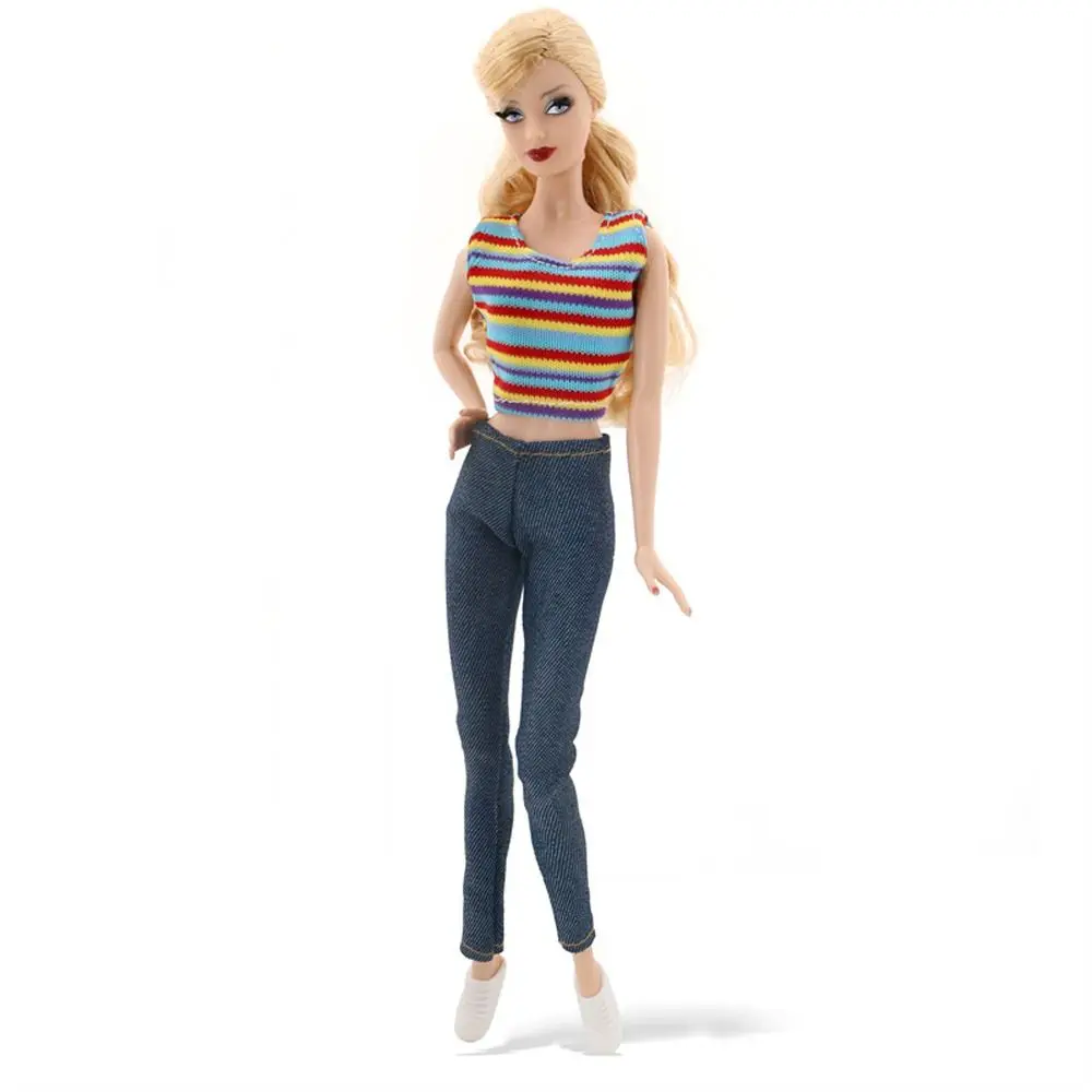 Fashion Dress Up Doll Clothes Play House Jeans Set Doll Outfit Casual Wear Color Stripe Doll Tops Trousers 1/6 Dolls