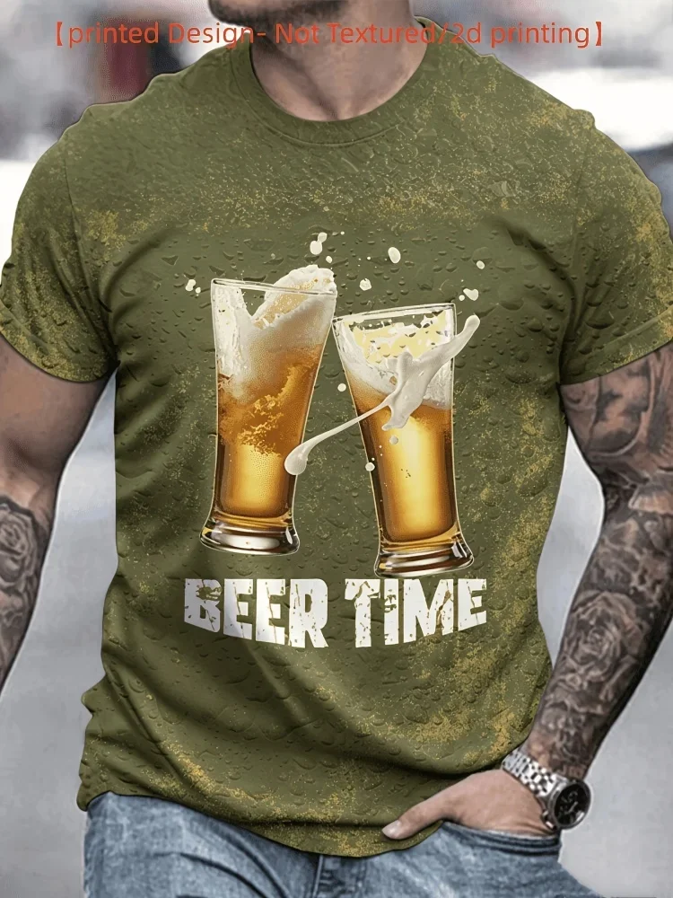 Hot Selling Men It's Beer Time T-Shirt Realistic Beer Foam Droplet Graphic 3D Print Short Sleeve Funny Drinking Novelty Tee Tops