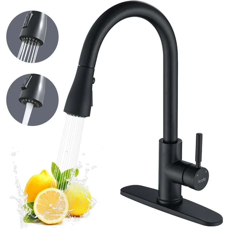 Arofa Matte Black Kitchen Faucet, Kitchen Sink Faucet with Pull Down Sprayer Single Handle Stainless Steel Modern for 1 or3 Hole