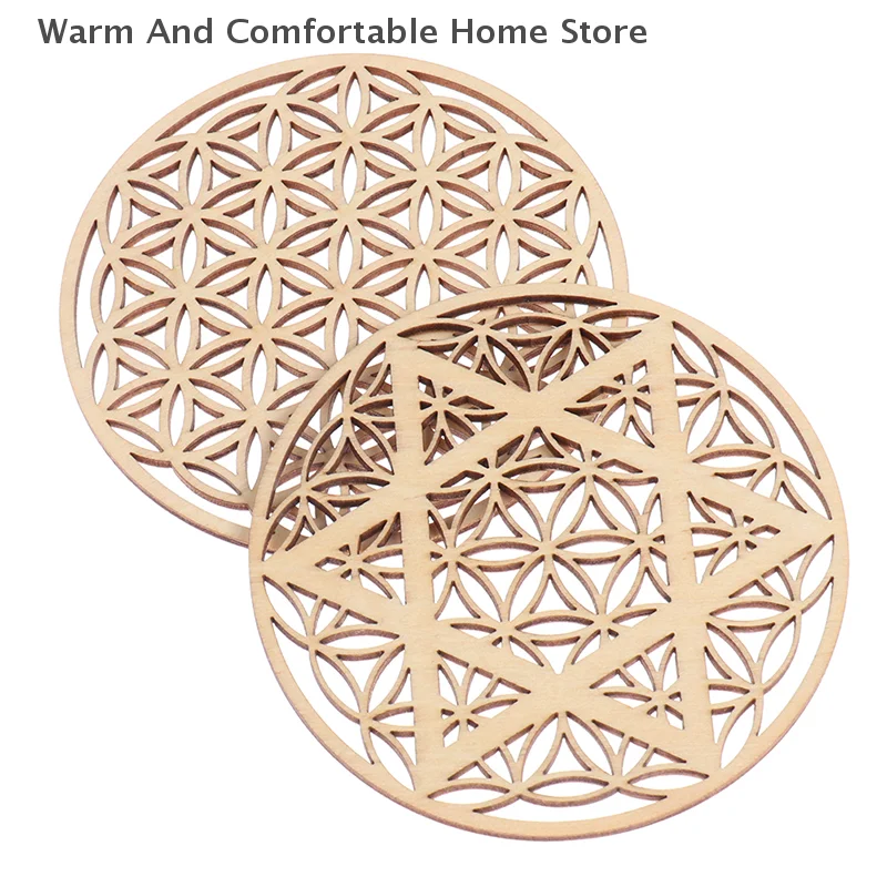 【SE】1PC Diameter 10cm Wood Creative Chakra Pattern Coaster Flower Of Life Natural Wooden Hollow Symbol Round Coaster