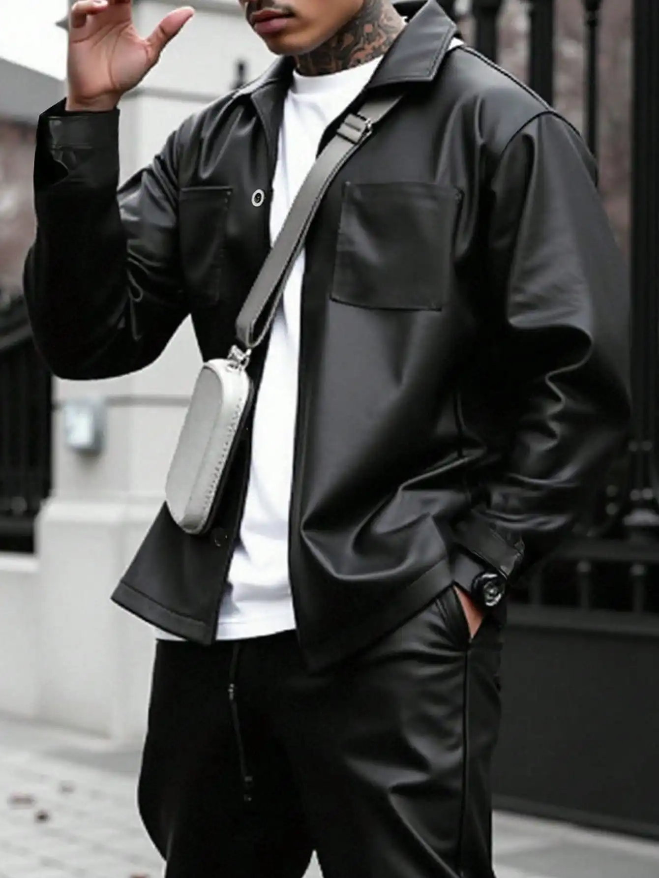 

Men's Black PU Leather Single-Breasted Casual Shirt with Chest Pockets