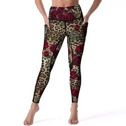Red Roses Quality Leggings Leopard Print Fitness Yoga Pants Sexy Stretchy Sport Legging Women Retro Leggins