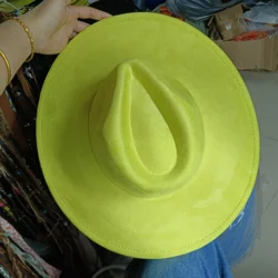 Lemon Yellow Suede Top Hat 9.5cm Wide Brim Fedora Hat Men's and Women's Spring/Summer Jazz Hat Classic Church Fedoras Sombrero