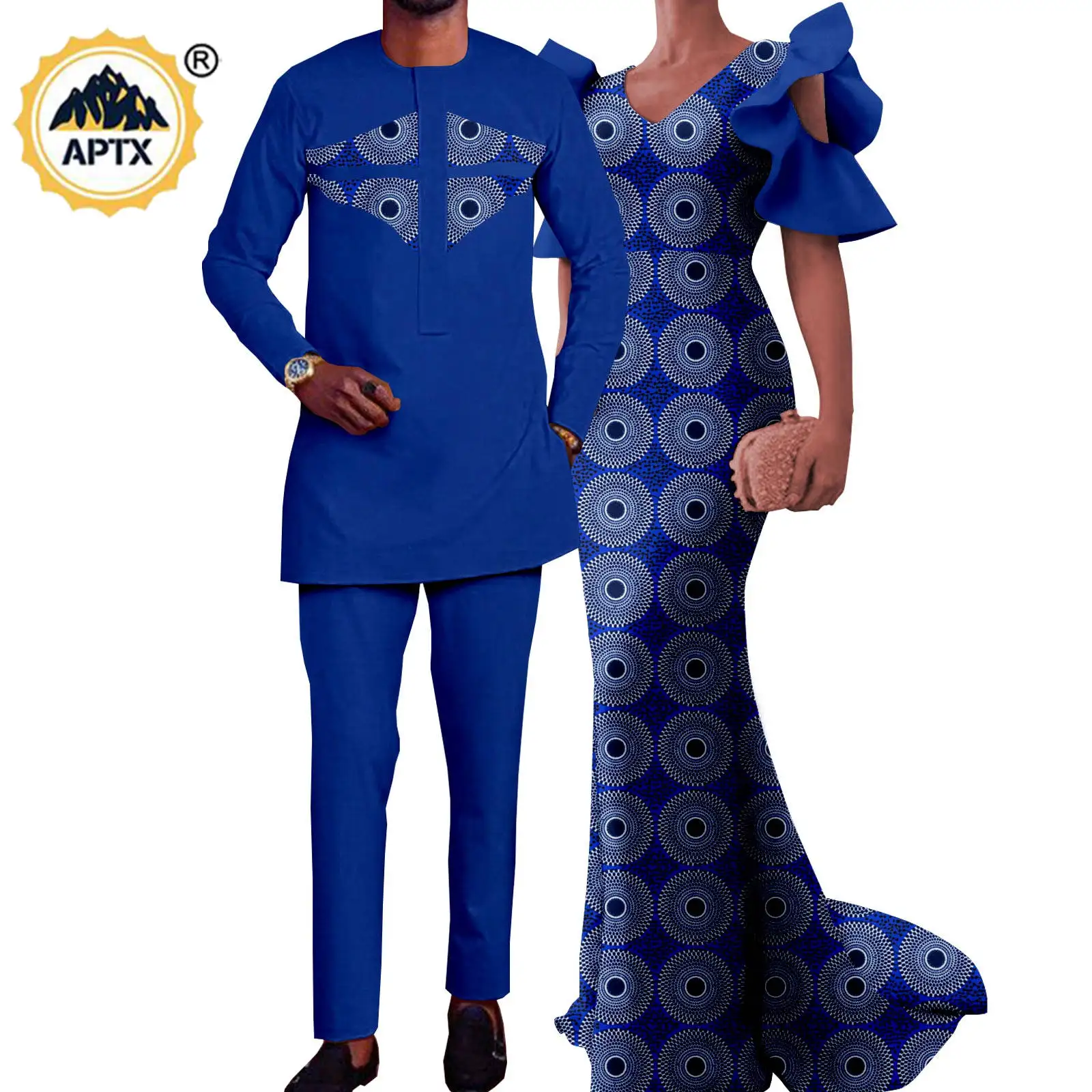 African Couple Matching Clothes Print Long Mermaid Dresses for Women Vestidos Dashiki Men Outfits Shirt and Pant Sets Y23C080