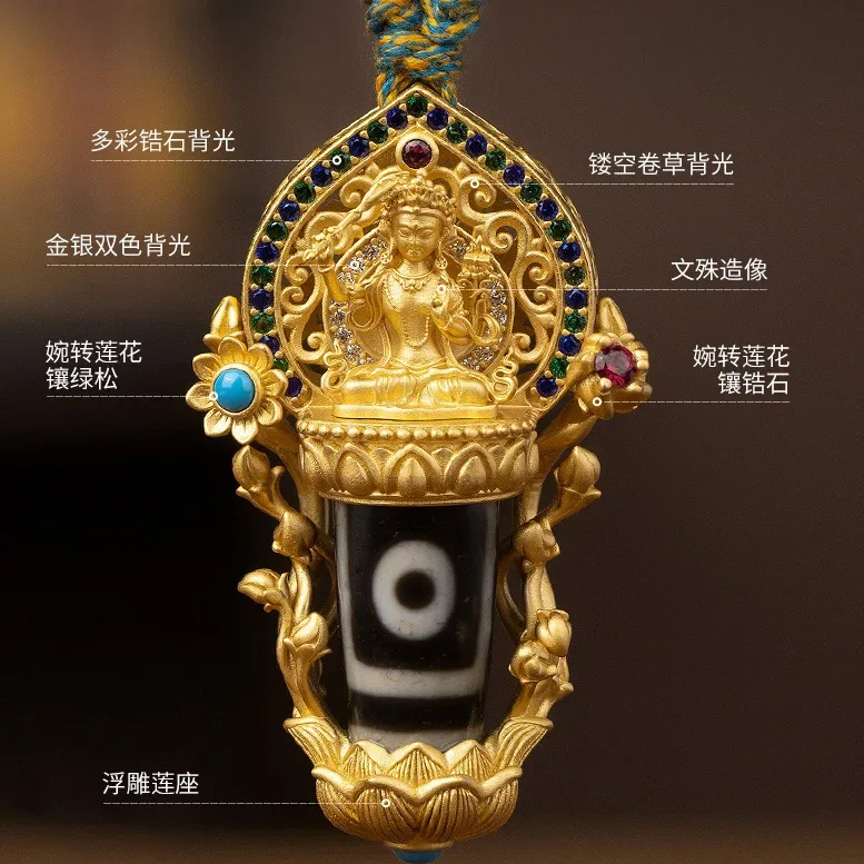 Tibetan Style Polychrome Pharmacist Nine Eyed Tian Zhu Pendant Necklace Four Arm Guanyin Pendant Necklace Lucky Jewelry Gift