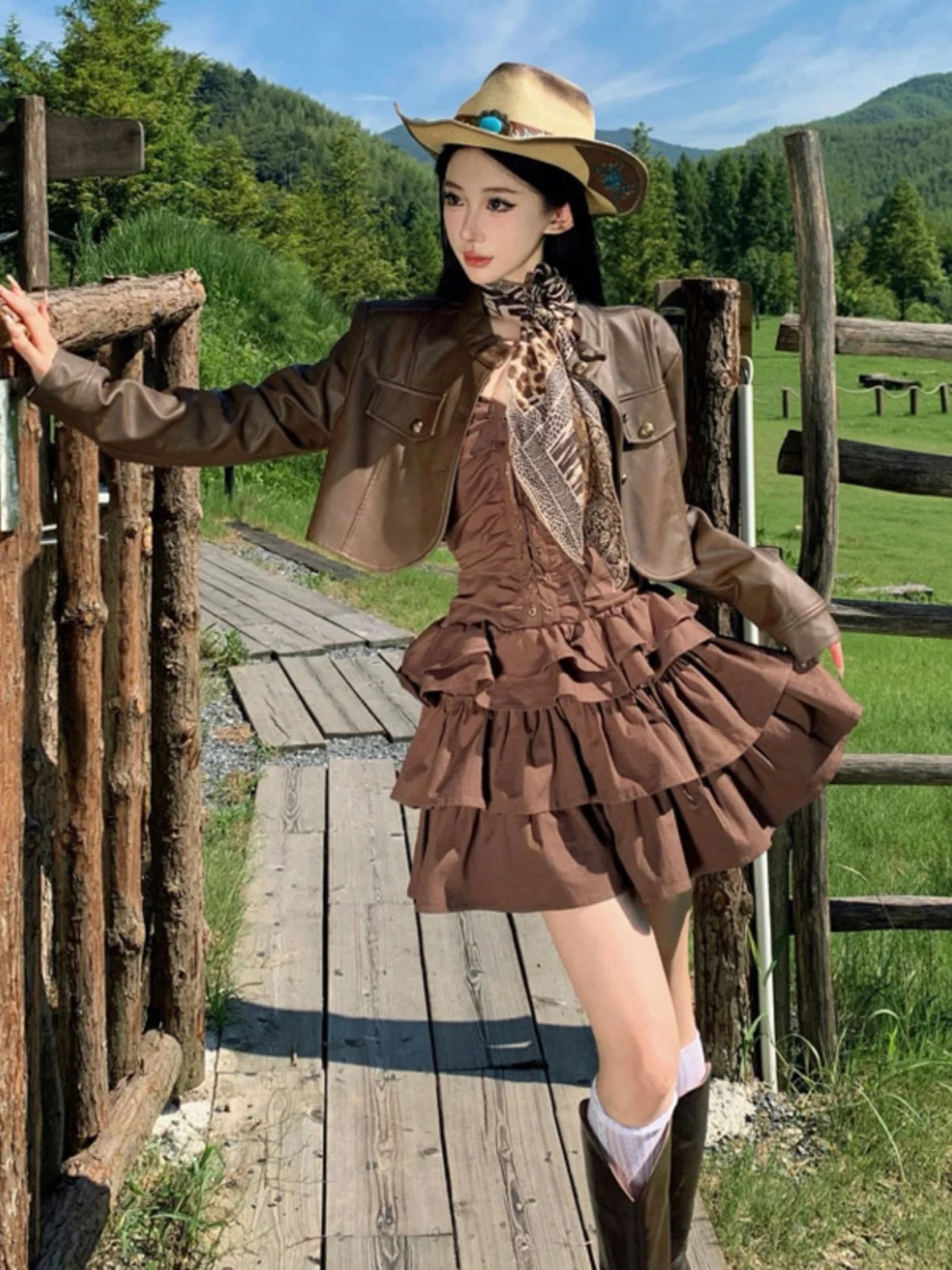 

Casual American Retro Strappy Dress Motorcycle Leather Jacket Two-Piece Set Travel Leisure Style Short Sleeve Women's Outfit