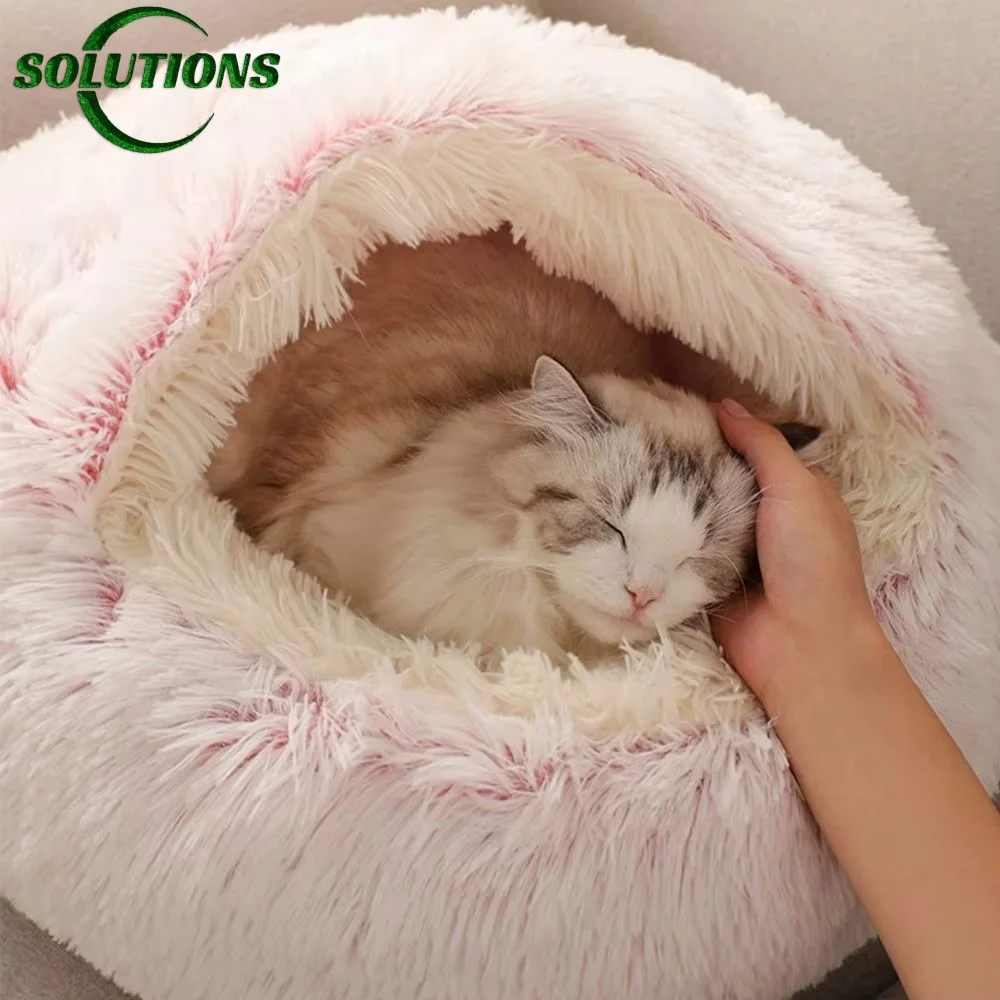 Cat Bed Soft Plush Covered Circular Enclosed Round Cat Bed Kitten Cushion Comfortable Sleep Bag Cat Nest Kennel For Small Pet 