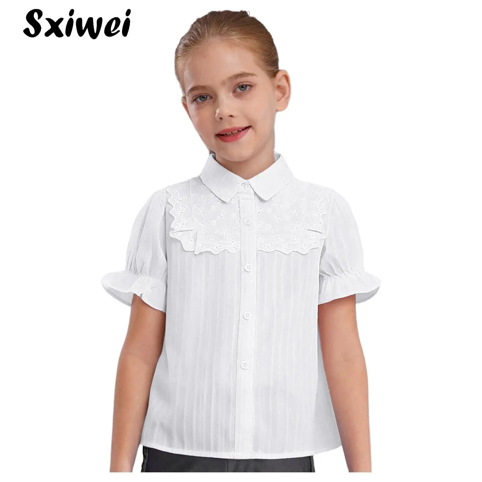 

Girls Ruffle Short Sleeves Button Down Shirt Summer Cute Lace Trim Cotton Shirt Blouse for School Birthday Party Vacation