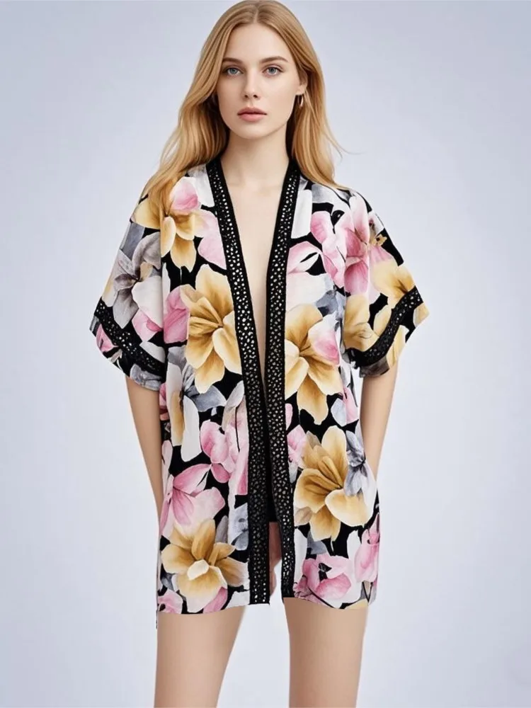 Strandkimono voor dames met bloemenprint, badpak, cover-up, wikkeljurken, badpakken aan zee, strandkleding, 2025, zomerbadmode, strand