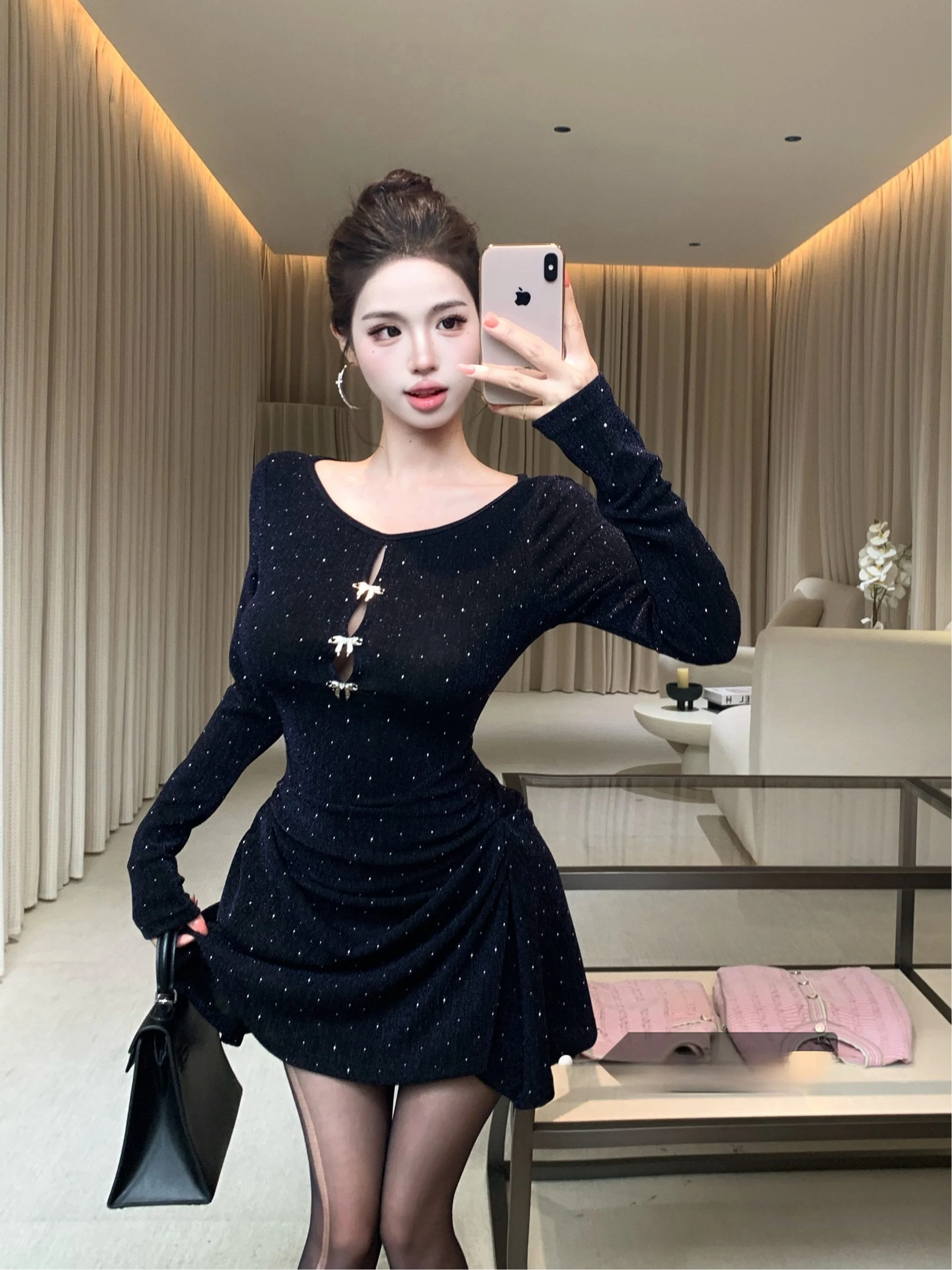 

Winter Long Sve Hollow out oulder Knot Dr Women's iny Bla Pure Desire Slim Fit A-Line Dr