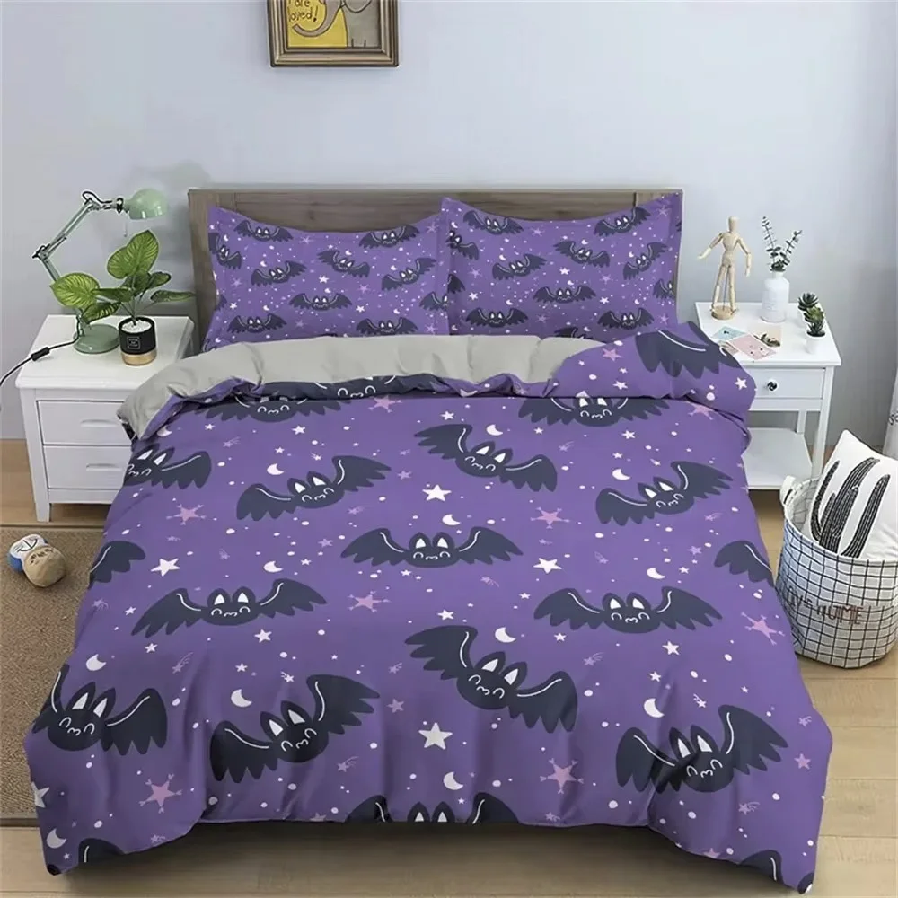Halloween Bat King Queen Duvet Cover Cartoon Black Nocturnal Animals Bedding Set for Kids Horror 23pcs Polyester Quilt Cover