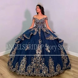 Angelsbridep Navy Blue Sweet 16 Quinceanera Dresses Gold Lace Applique Cinderella Graduation Gown Vestidos De 15 Años Customized