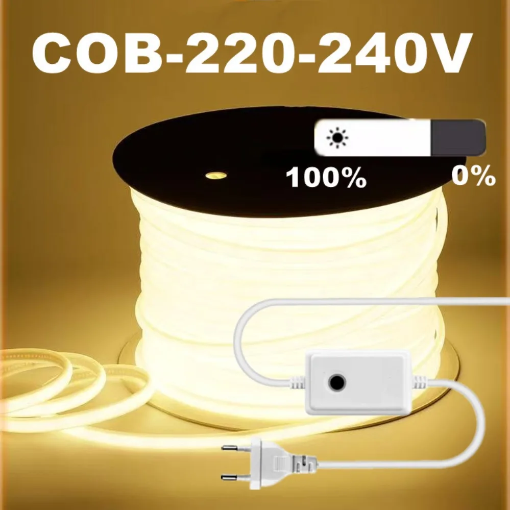 220V 288LEDs/m EU Plug COB LED Strip Light RA90 Flexible LED Streifen Outdoor Lamp Waterproof Tape Kitchen Room Decoration 240V