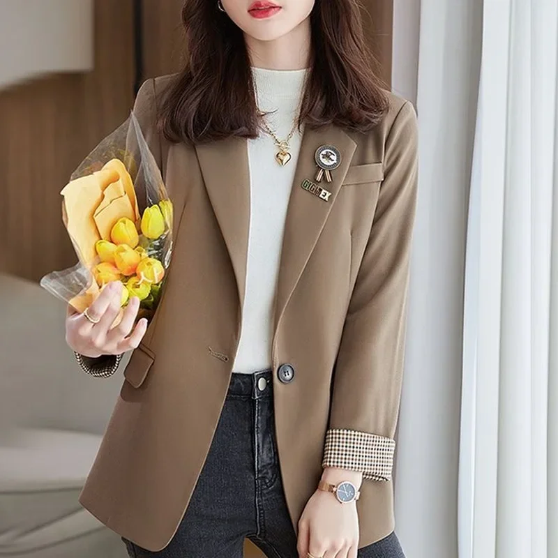 New Spring and Autumn Elegance Fashion Commuting Simplicity Solid Color Slim Fit Versatile Long Sleeved Chestpin Suit Coat B815