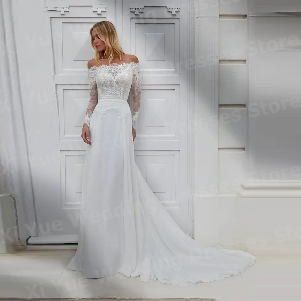 Charming A Line Women's Wedding Dresses Appliques Lace Bride Gowns Long Sleeved Customized Off The Shoulder Vestidos De Novia