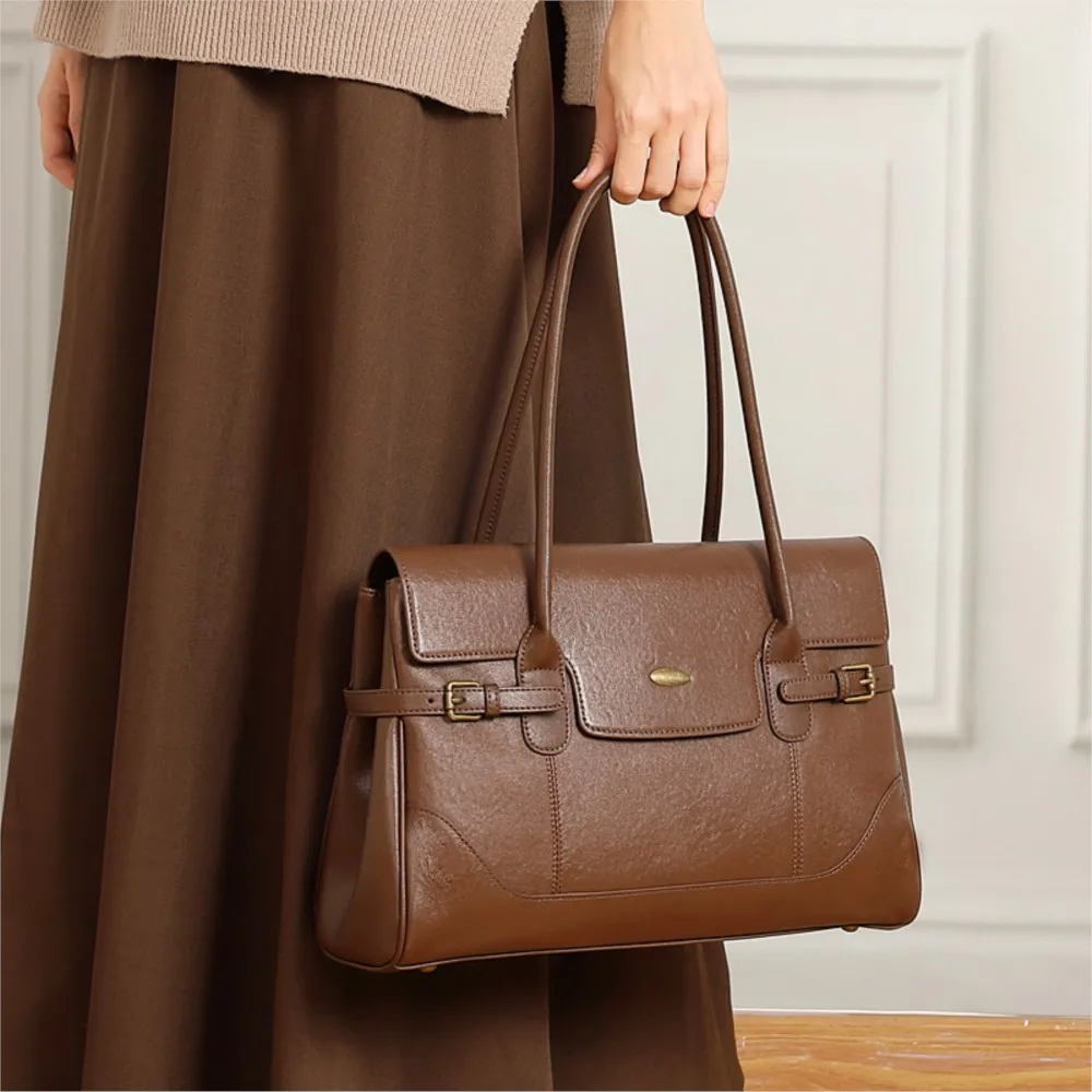 Leather Large Capacity Tote Bag 2026 New Genuine Leather Commuter Vintage Handbag Fashion Single Shoulder Underarm Tote Bag