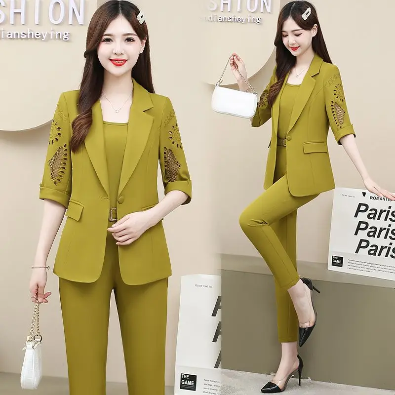 Women Summer New Fashion Professional Suit+Sling+Pants Three-piece Korean Elegant Hollow Out Thin Blazers Trousers Matching Set