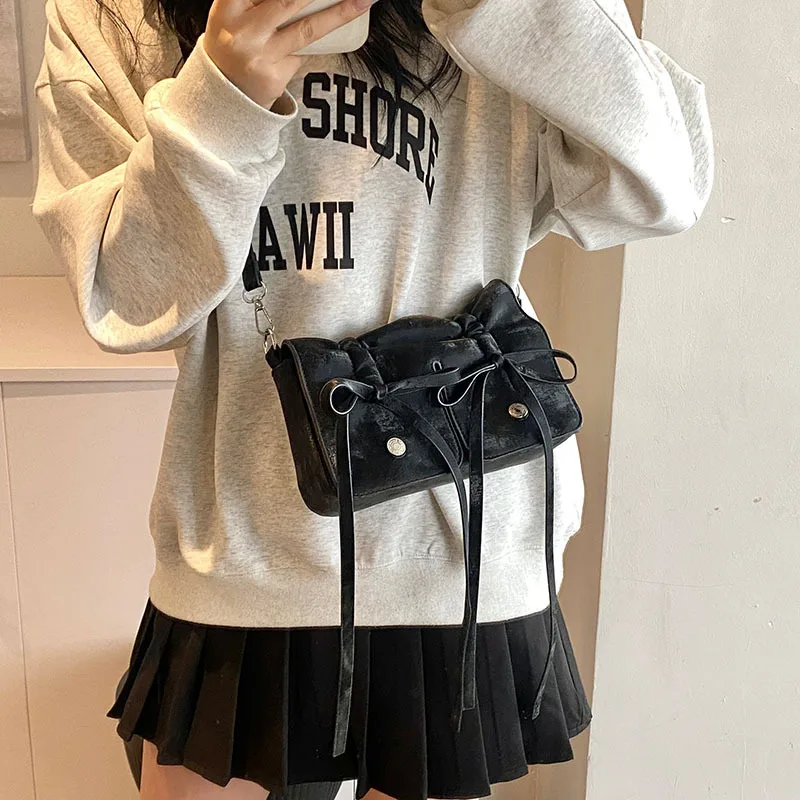 2024 Korean Fashion Fold Bow Handbags Small Square Shoulder Bags For Women Black White Pink Silver Trendy Daily Shopping HandBag