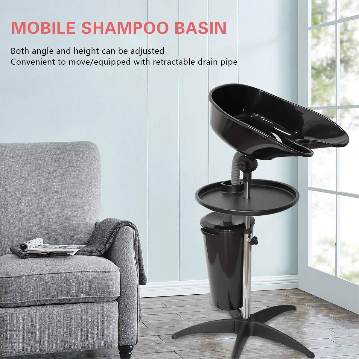 Pia móvel com suporte de tubulação de aço inoxidável, Barbearia Shampoo Basin, Acessórios do salão Ferramentas, Altura ajustável, Ferramentas