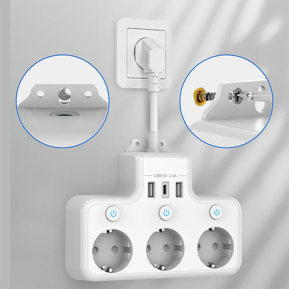 Power Strip 3-Way Cord Socket Multiple Socket Travel  Max 4000W Surge Protector Multi -Plug Wall Socket For Office Home