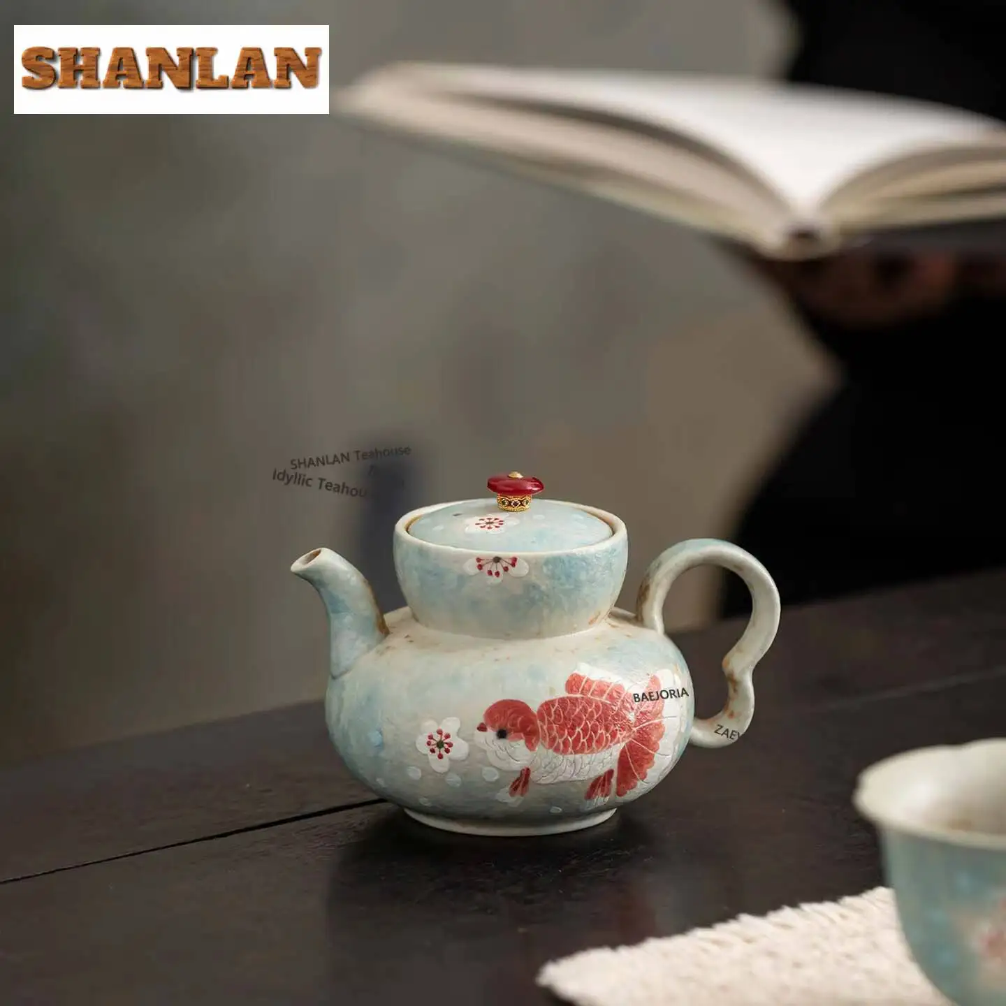 175ml Flint Red Hand-painted Koi Fish Teapot Handmade Tea Infuser Pot Tea Making Kettle with Ball Hole for Tea Accessories Gifts
