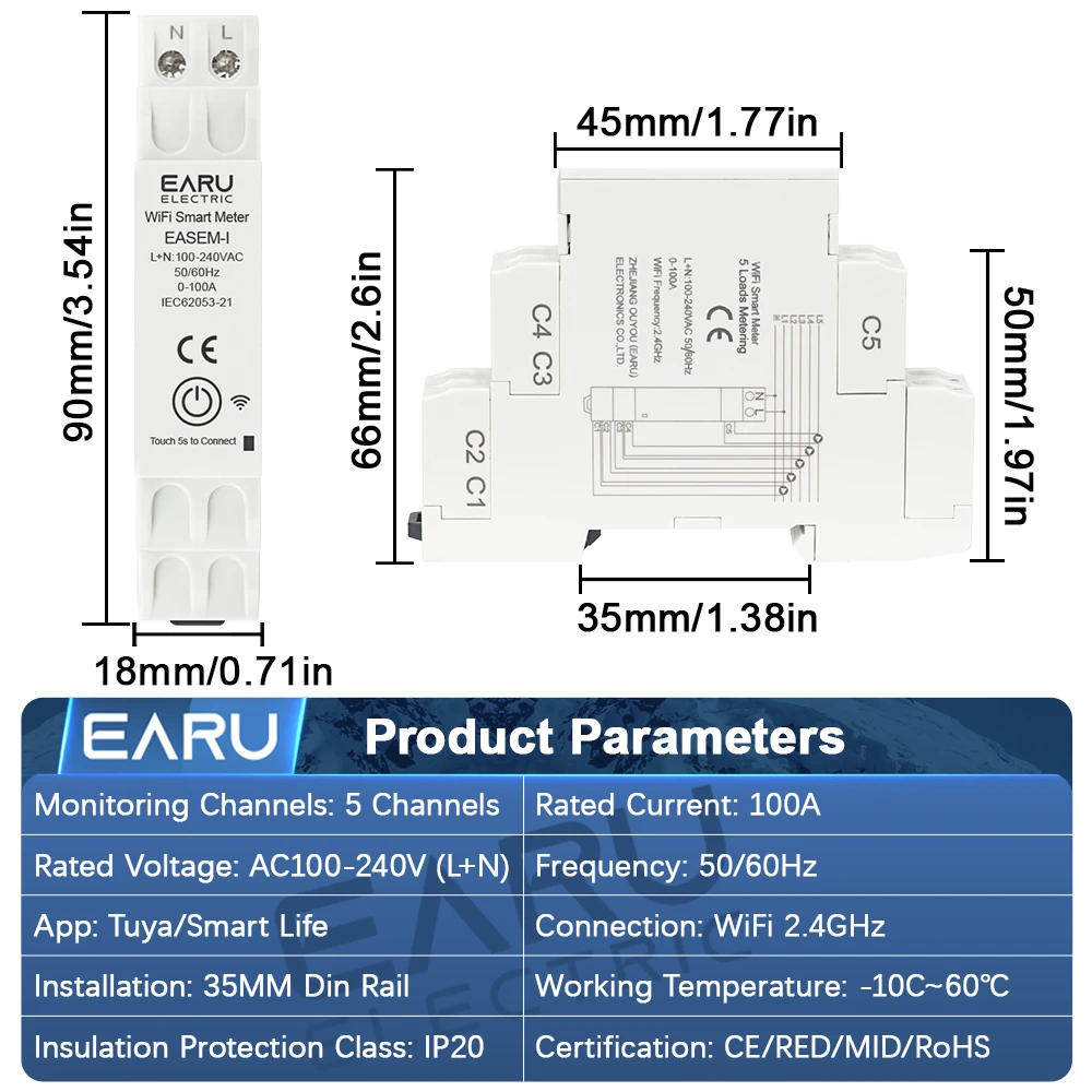 EARU 5 Channels Phase Tuya App - Energy Meter Bidirectional ulasan dan harga
