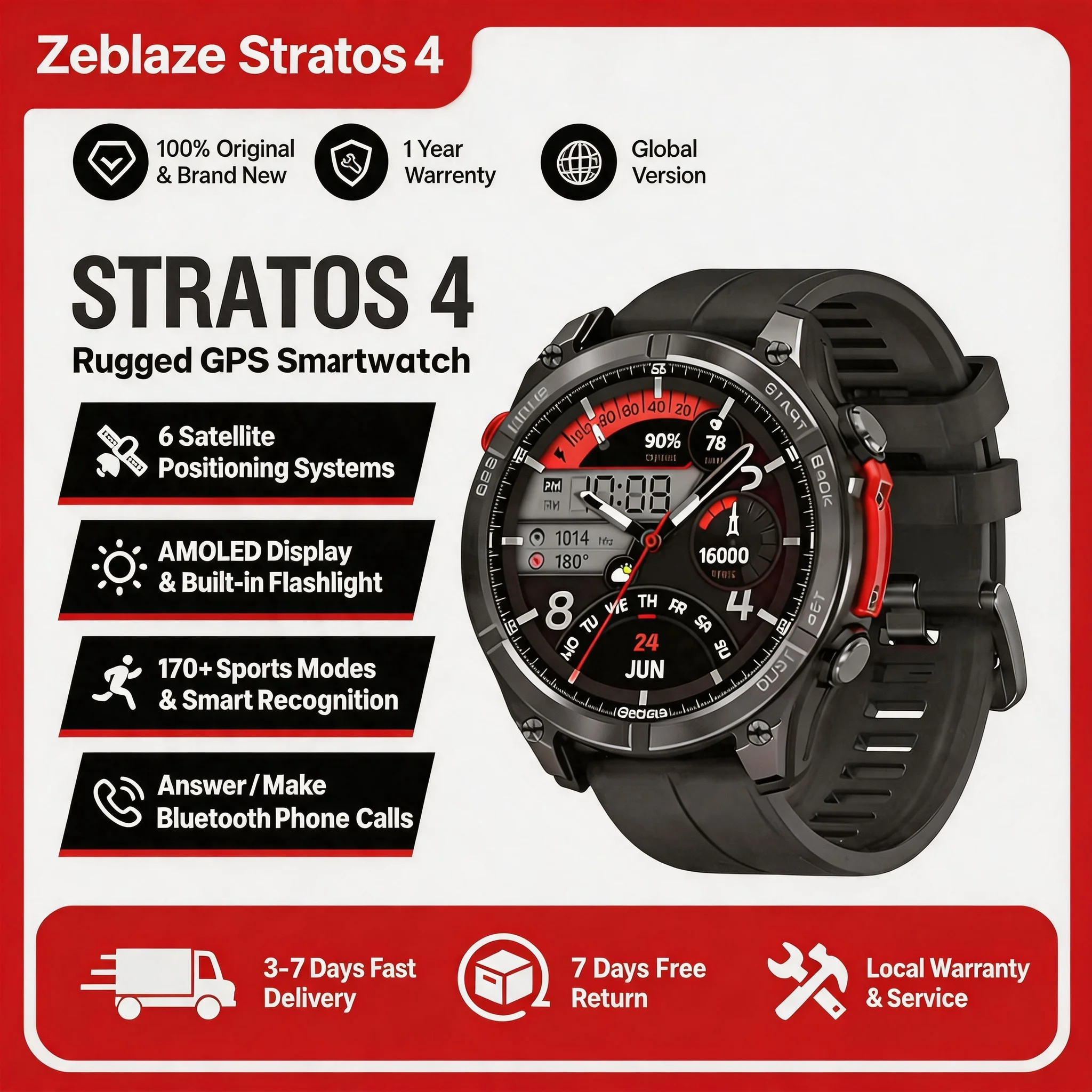 Zeblaze Stratos 4 GPS Smartwatch z 1.43-calowym wyświetlaczem AMOLED, wbudowanym kompasem, barometrycznym wysokościomierzem, latarką, funkcją rozmów głosowych.