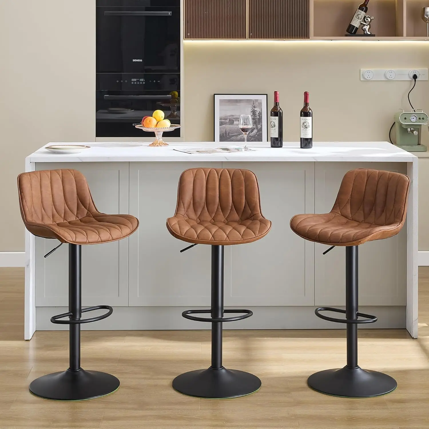 Swivel Bar Stools Set of 3, Brown Adjustable Counter Height Faux Leather Bar Stools with Back (3PCS)