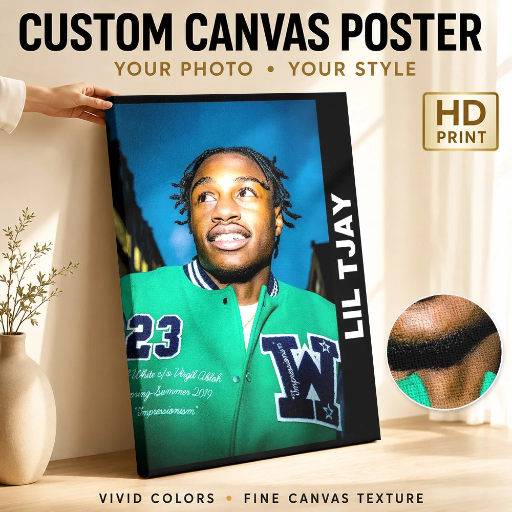 Lil Tjay in Green Varsity Jacket Canvas Poster Customized Photo Modern Aesthetic Canvas Wall Art for Living Room Bedroom Decor