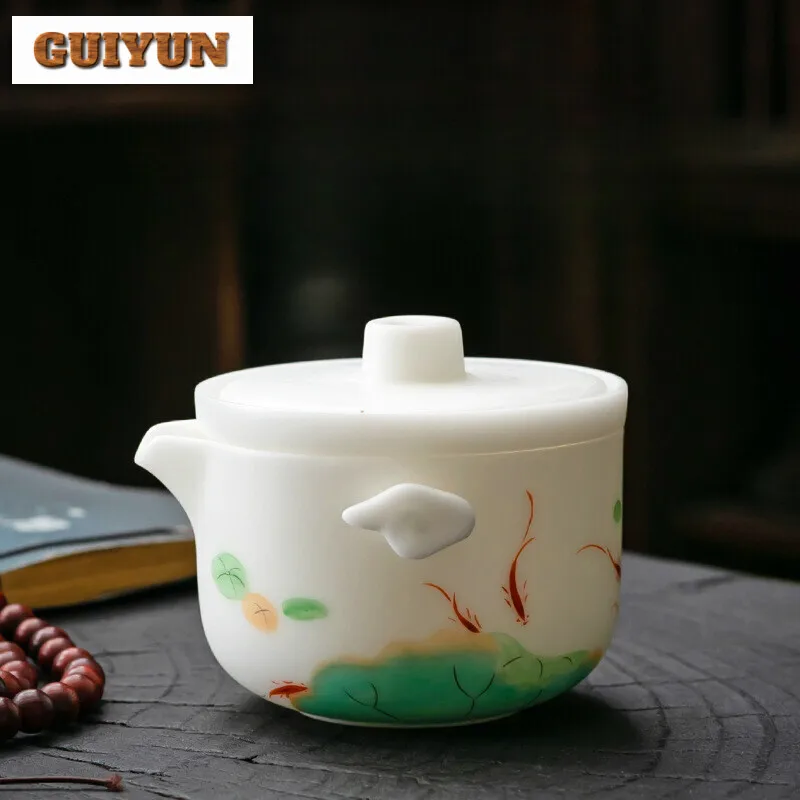 160ml Jade Porcelain Handmade Teapot Household Hand Drawn Lotus Hand-grasp Pot Zen Filter Pot Tea Soaking Kettle for Tea Craft