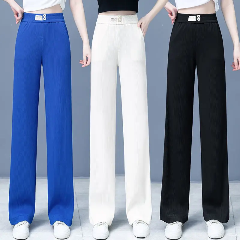 Korean Fashion Solid All-match Straight Pants Spring Summer Woman Clothing Button Elastic Waist Casual Loose Wide Leg Trousers
