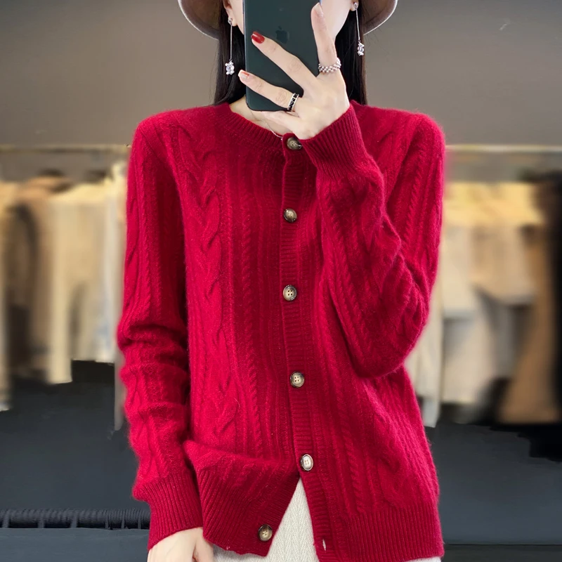 

Round necked button up cardigan versatile loose autumn and winter Blouse solid color new top for women