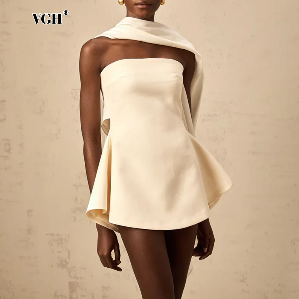 

VGH Solid Temperament Slimming Dresses For Women Strapless Sleeveless Backless High Waist Elegant Mini Dress Female Fashion New