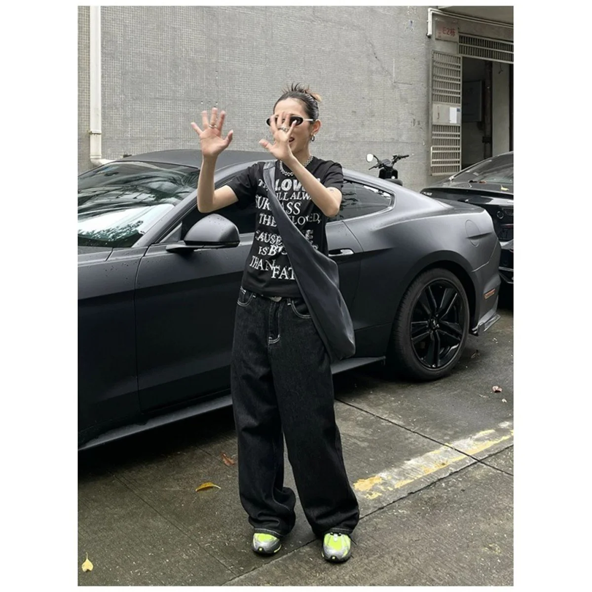 ヴィンテージ刺繍ブラックジーンズ女性特大ストリートグランジ Y2k だぶだぶのデニムパンツワイドレッグボーイフレンドジーンズヒップホップゴシック