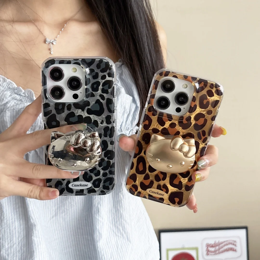 

Cute Hello Kitty Y2K Holder Phone Case For iPhone 16 14 15 Pro Max Luxury black gold Leopard Print laser Shockproof back Cover﻿