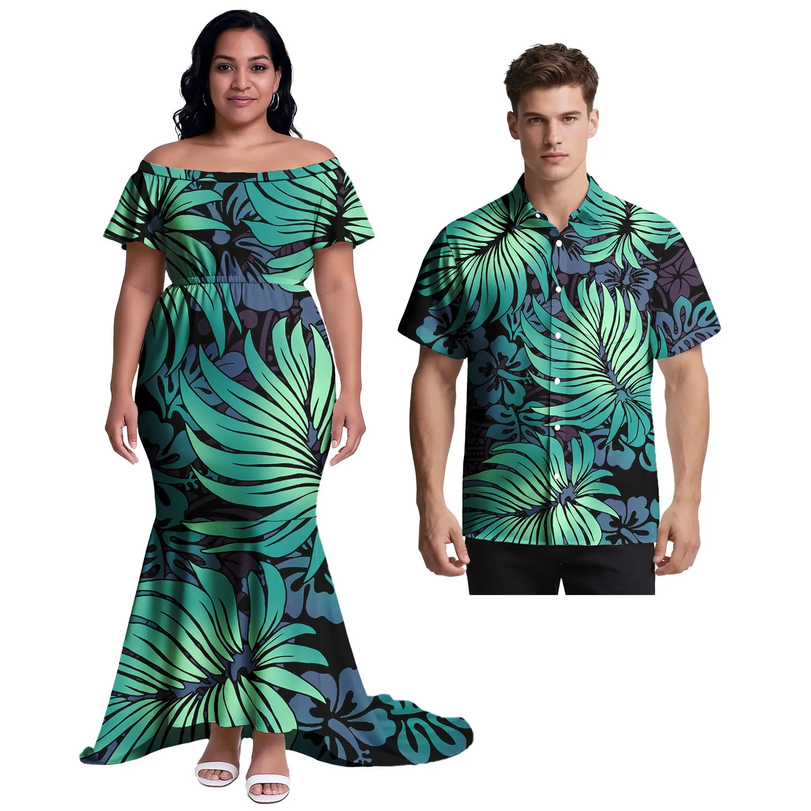 

Гавайский остров плюмерии, дизайн на заказ, пара, комплекты из 2 предметов, самое, женское платье русалки, полинезийская мужская рубашка с коротким рукавом Aloha