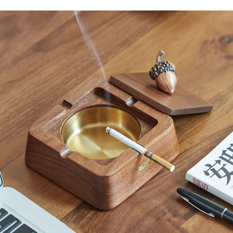 Square Walnut Wood Ashtray Stainless Steel Liner Acorn Lids Ash Tray Smoking Accessories Household Cigar Ashtrays Containers