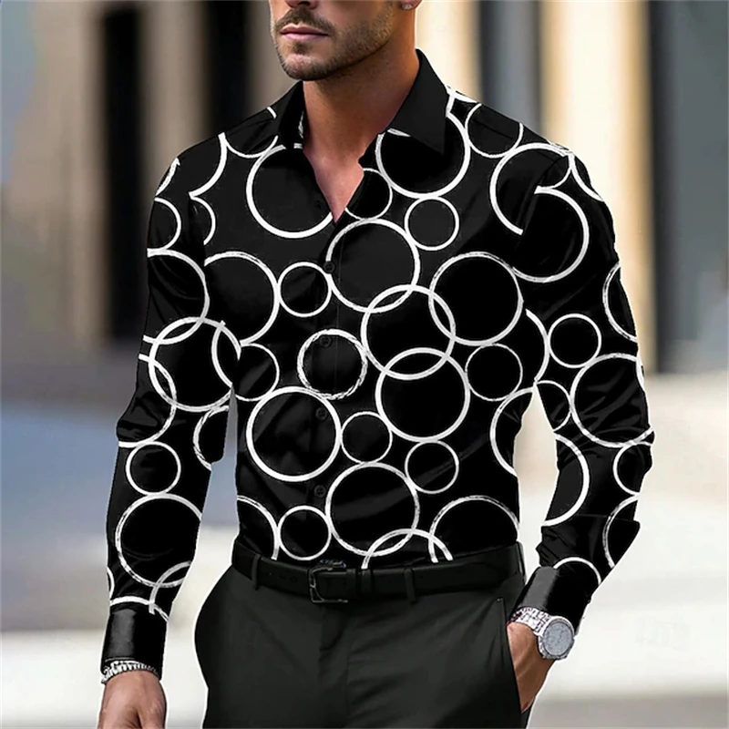 Spring And Autumn Men's Business Long Sleeve Shirt Patchwork Printing Single-Breasted Basic Blouse Simple Button Front Clothing