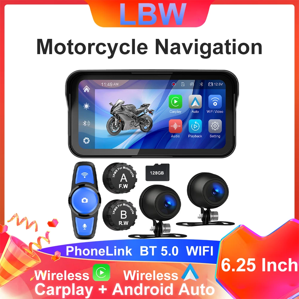 6,25 pulgadas portátil IPX7 impermeable motocicleta GPS navegación soporte inalámbrico Carplay Android Auto DVR unidad grabadora Moto TPMS