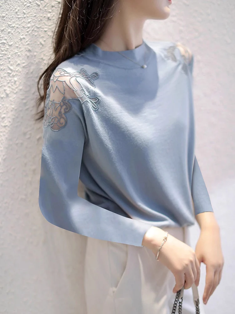 

Ele Lace Hollow out Long Sve Base irt Autumn New Sle Korean Version Slim Fit Knitted Top for Women