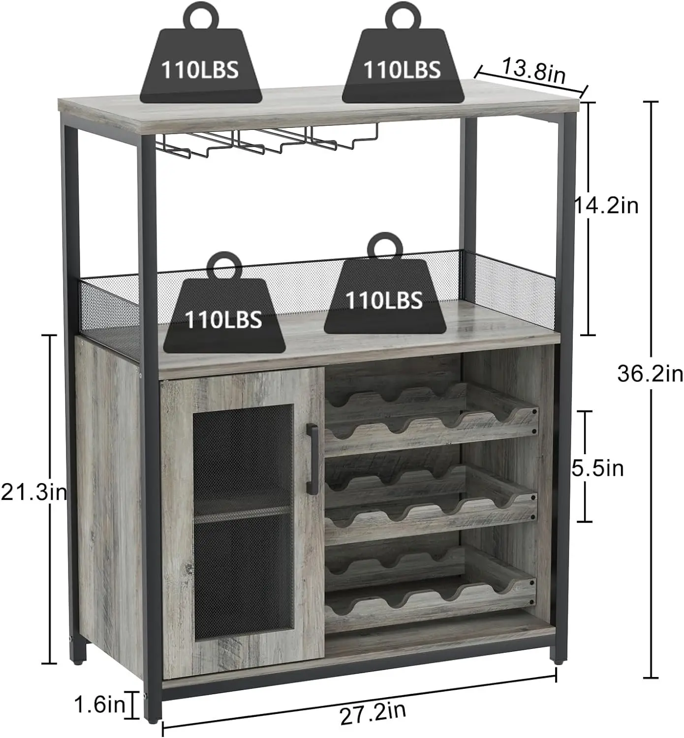 Armoire à vin avec grand espace de rangement et poignées amovibles T1, petit buffet et armoire de planche avec porte en maille