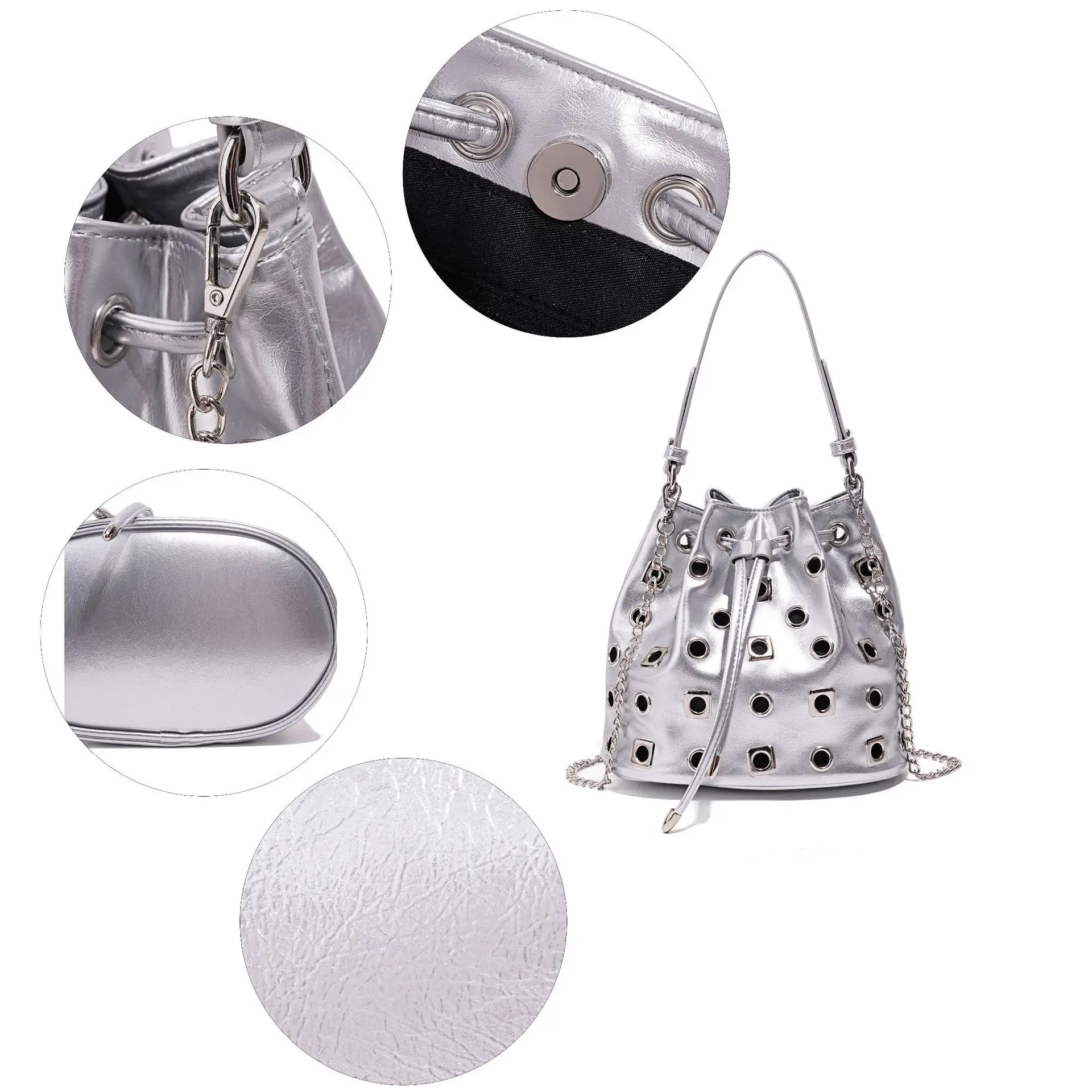 Vintage Hollow Rivet Bucket Bag Punk Style Drawstring Chain Strap Handbag Shoulder Crossbody Bag