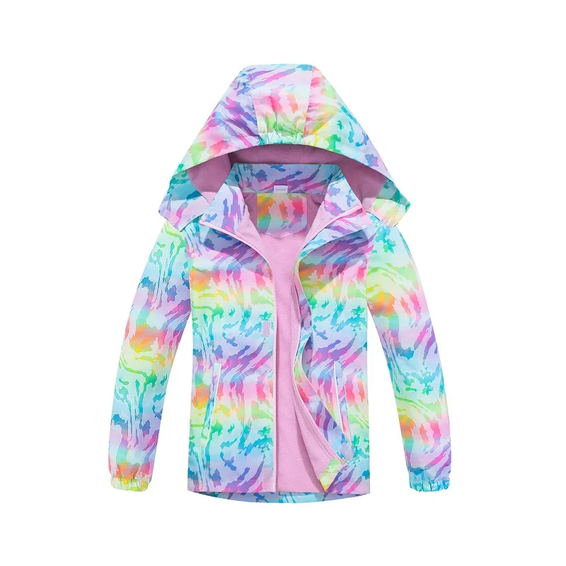 

Girls 3D Color Print Waterproof Fleece Lined Detachable Hood Zip Hiking Jacket Kids Track Coat Children Work Windbreaker 3-12 Yr