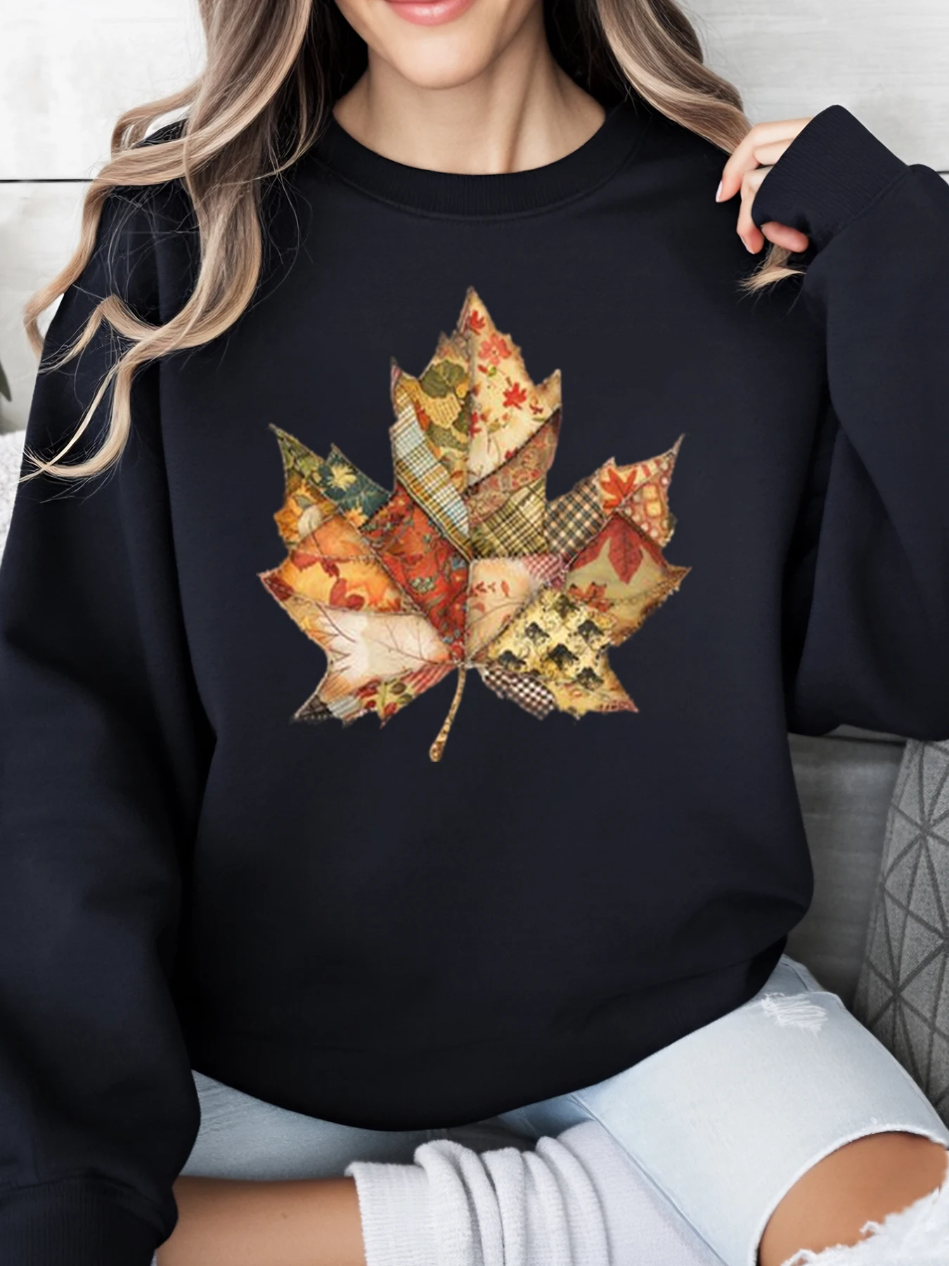

Patchwork Maple Leaf Print Autumn Sweatshirt Women Casual Fall Outfit Black Plus-Size