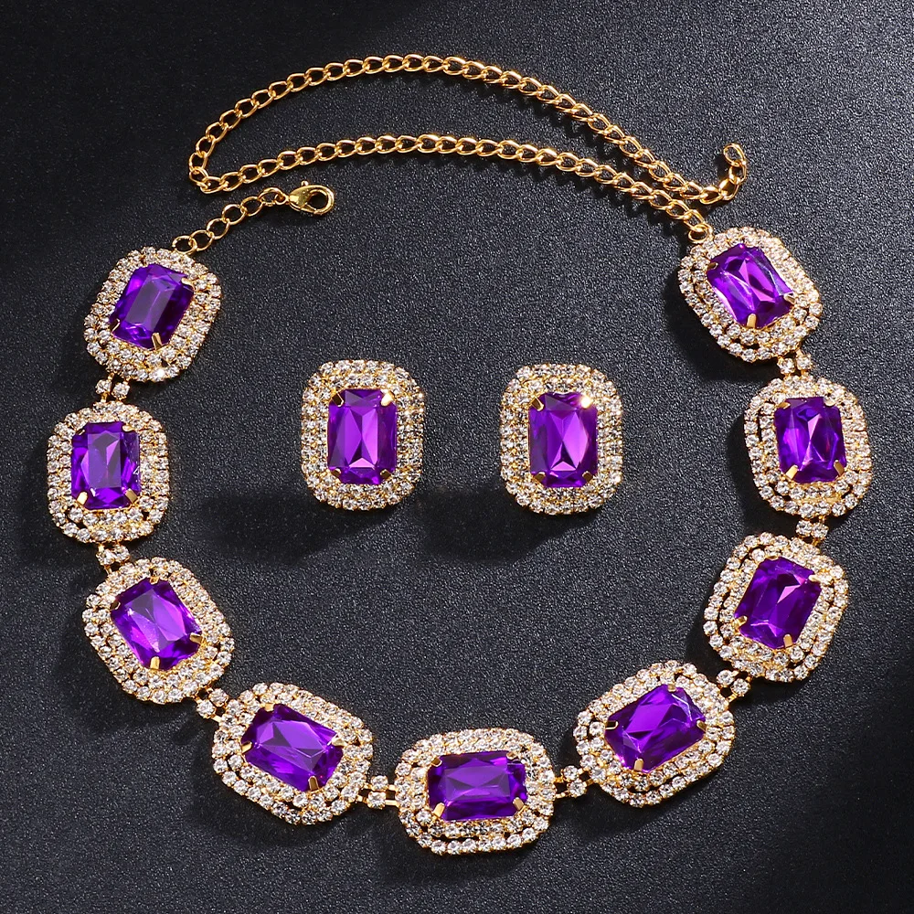 Purple Rhinestone Big Square Stone Choker Necklaces Earrings Sets For Women Vintage Gold Silver Color Bridal Wedding Jewelry Set