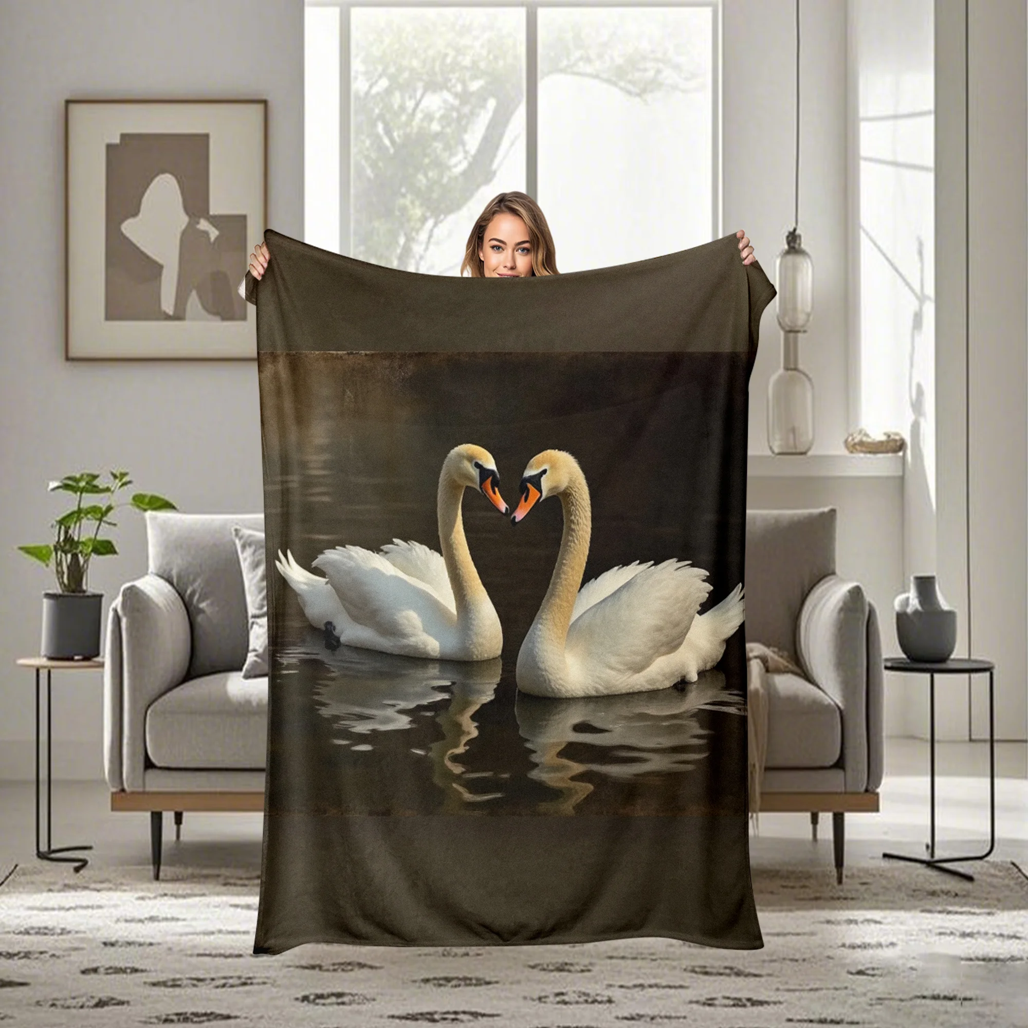 Romantic Swan Heart Flannel Throw Blanket, Elegant White Swans on Dark Water with Impressionistic Art, Soft 280 GSM Machine Washable Home Decor for All Seasons, Ideal Gift for Anniversaries And Cozy Living